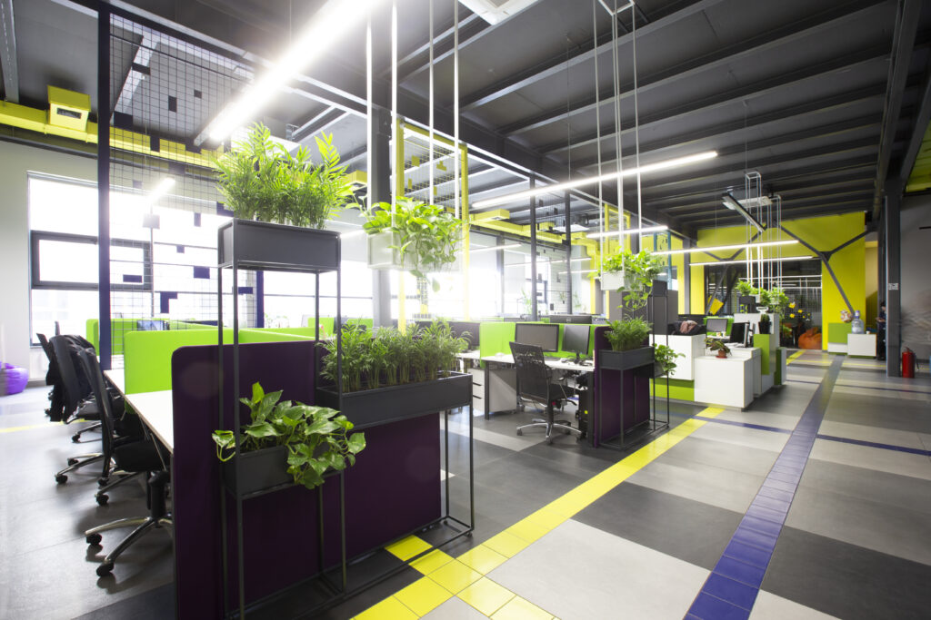 Empty Workplaces In Modern Office With Plants, Rental Office