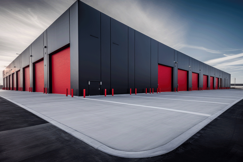 black logistics warehouse with red doors